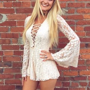 Forever 21 blush pink lace bell sleeve romper